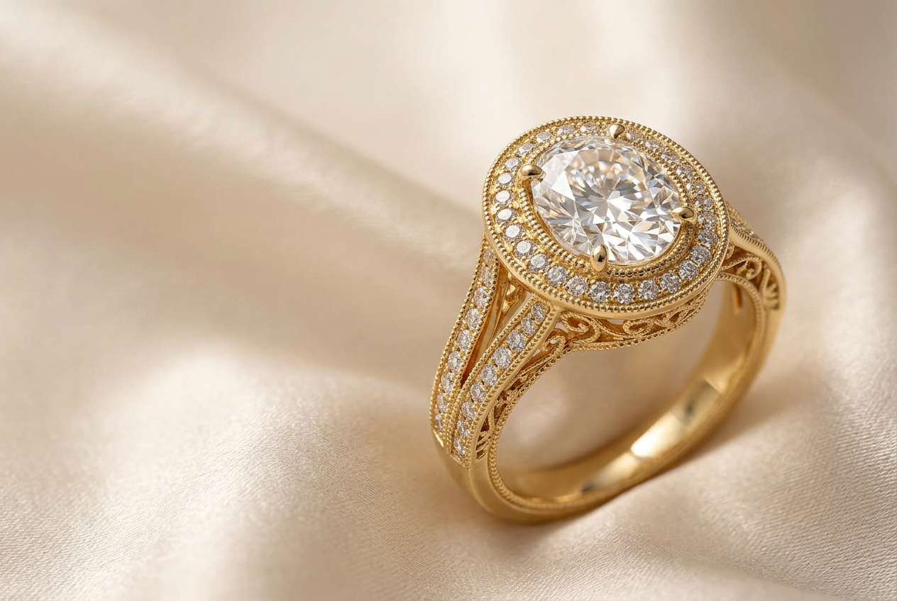 Vintage-style oval diamond ring with double halo and filigree on ivory silk